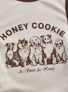 SHEIN MOD Letter & Dog Print Drawstring Side Contrast Binding Crop Tank Top - Beige - View 3