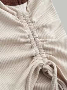 SHEIN MOD Letter & Dog Print Drawstring Side Contrast Binding Crop Tank Top - Beige - View 4