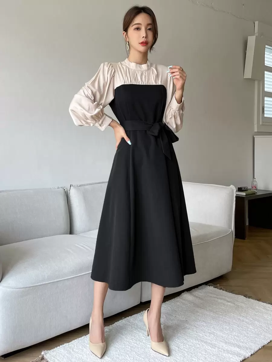 DAZY Two Tone Puff Sleeve Belted Dress - Black - View 1