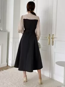 DAZY Two Tone Puff Sleeve Belted Dress - Black - View 2