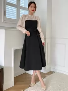 DAZY Two Tone Puff Sleeve Belted Dress - Black - View 3