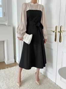 DAZY Two Tone Puff Sleeve Belted Dress - Black - View 4