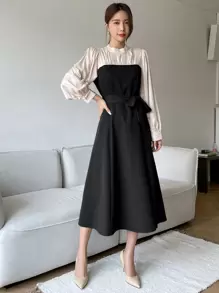 DAZY Two Tone Puff Sleeve Belted Dress - Black - View 5