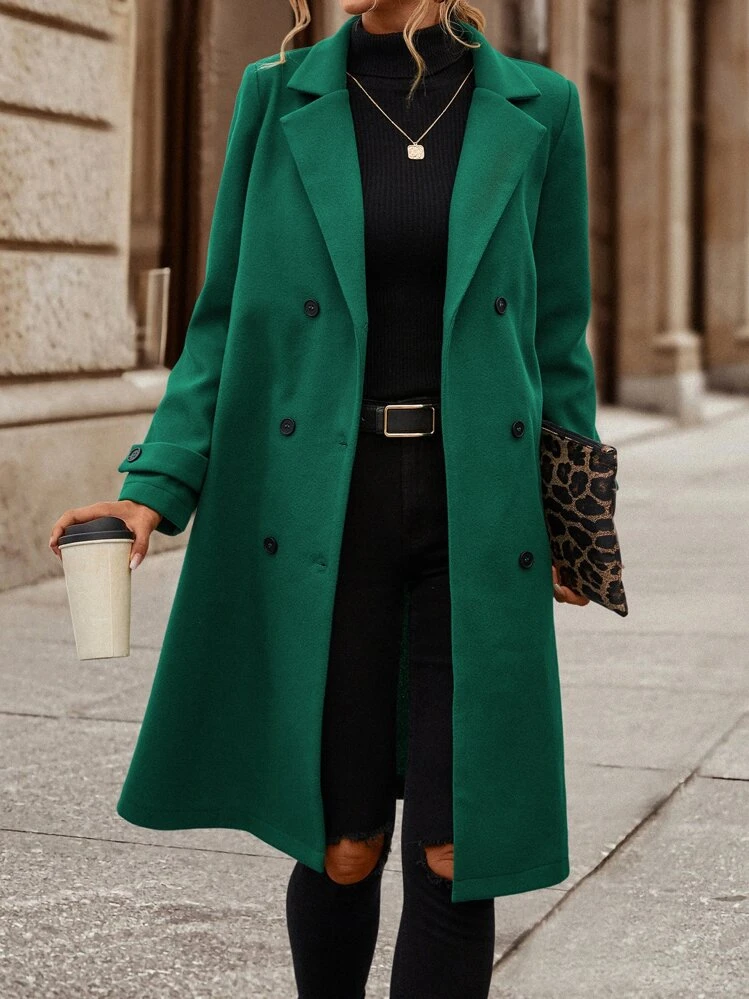 SHEIN ChicEase Dubbel Knapp Enkel Elegant Kvinnor Ytterkappor - Mörk Grön - Visa 1