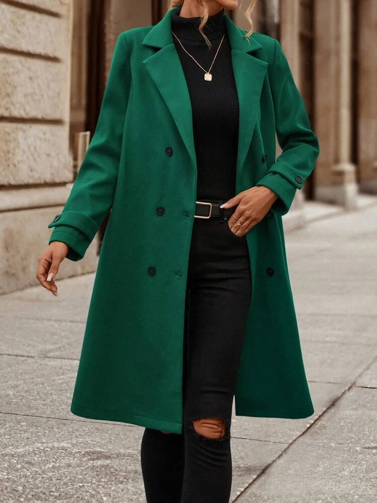 SHEIN ChicEase Dubbel Knapp Enkel Elegant Kvinnor Ytterkappor - Mörk Grön - Visa 6