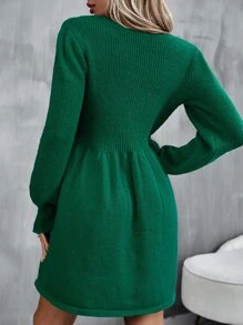SHEIN Unity Ribbed Knit Lantern Sleeve Jumper Dress - Dark Green - View 2