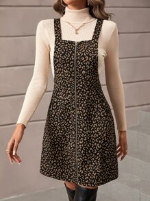 SHEIN Essnce Leopard Print Zip Up Pinafore Dress Without Jumper - Black - View 4