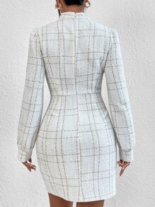 SHEIN Privé Plaid Mock Neck Puff Sleeve Fitted Dress - White - View 2