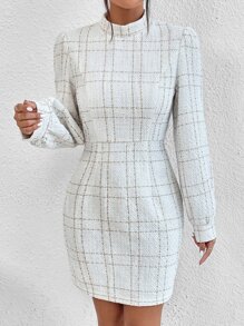 SHEIN Privé Plaid Mock Neck Puff Sleeve Fitted Dress - White - View 4