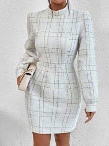 SHEIN Privé Plaid Mock Neck Puff Sleeve Fitted Dress - White - View 5