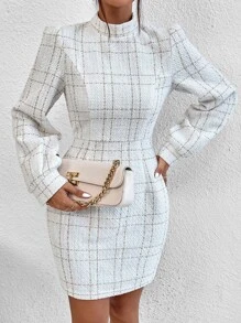 SHEIN Privé Plaid Mock Neck Puff Sleeve Fitted Dress - White - View 6