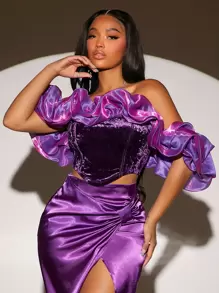 SHEIN SXY Off Shoulder Ruffle Trim Velvet Top - Purple - View 1