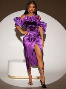 SHEIN SXY Off Shoulder Ruffle Trim Velvet Top - Purple - View 3