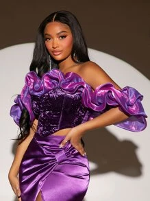 SHEIN SXY Off Shoulder Ruffle Trim Velvet Top - Purple - View 5