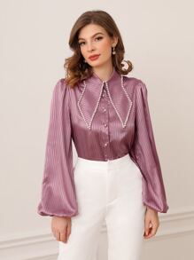 Modelyn Striped Jacquard Pearls Button Front Blouse - Mauve Purple - View 1