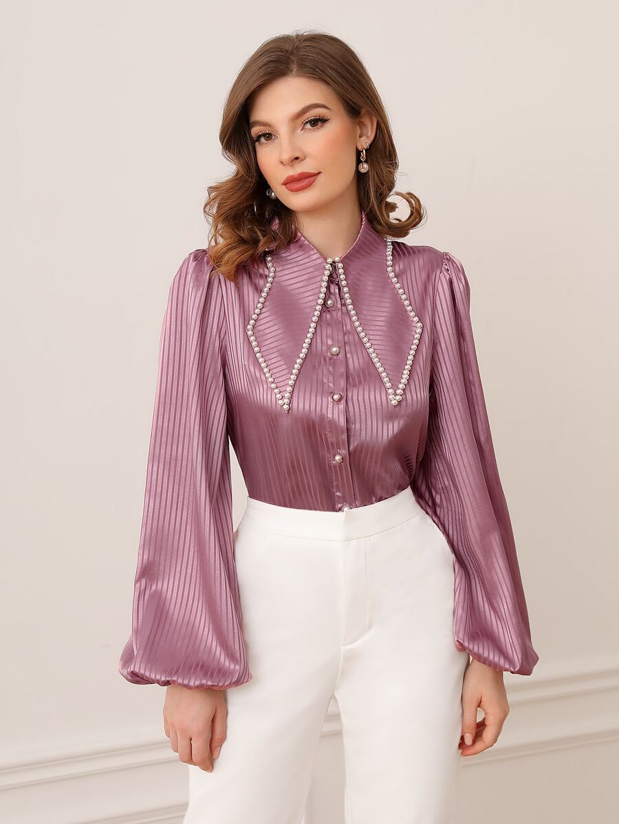 Modelyn Striped Jacquard Pearls Button Front Blouse - Mauve Purple - View 1