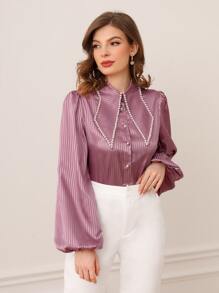 Modelyn Striped Jacquard Pearls Button Front Blouse - Mauve Purple - View 4