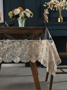 1pc Rectangular Lace Embroidered Waterproof Tablecloth - Oil-Proof, Dirt-Proof, Transparent Table Cover With Champagne Lace Streamer Border - Perfect For Wedding, Party, Family, Outdoor, Indoor, Holiday Table Decoration - Multicolor - View 5