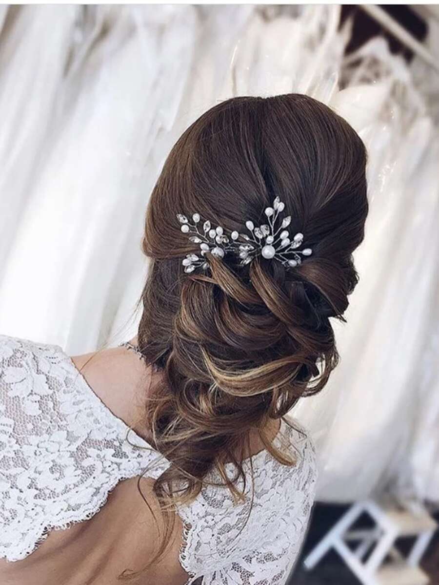 2入組鑲嵌水晶及人造珍珠裝飾的簡約婚禮髮夾 波希米亞風格