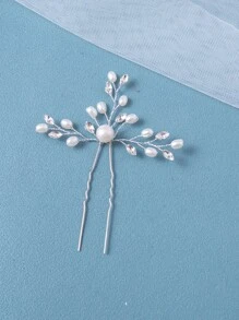 2入組鑲嵌水晶及人造珍珠裝飾的簡約婚禮髮夾 波希米亞風格