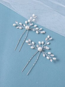 2入組鑲嵌水晶及人造珍珠裝飾的簡約婚禮髮夾 波希米亞風格