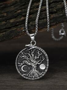 時尚流行男士樹形細節圓形吊墜項鍊合金，適合珠寶禮物和時尚外觀 - 復古銀色 - 查看 1