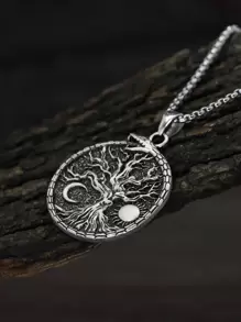 時尚流行男士樹形細節圓形吊墜項鍊合金，適合珠寶禮物和時尚外觀 - 復古銀色 - 查看 3