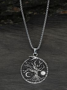 時尚流行男士樹形細節圓形吊墜項鍊合金，適合珠寶禮物和時尚外觀 - 復古銀色 - 查看 4