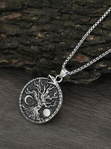 時尚流行男士樹形細節圓形吊墜項鍊合金，適合珠寶禮物和時尚外觀 - 復古銀色 - 查看 6