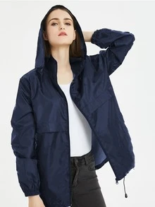 Rompevientos con cremallera bajo con cordón con capucha - Azul Marino - Ver 1