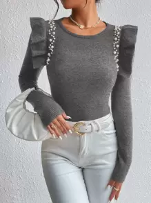 SHEIN Privé Jersey con cuenta con perla ribete con fruncido - Gris - Ver 1