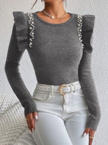 SHEIN Privé Jersey con cuenta con perla ribete con fruncido - Gris - Ver 3
