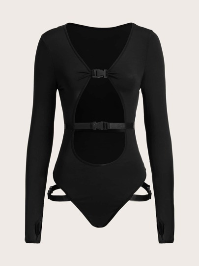 Grunge Punk Dark Punk Knitted Buckled Long Sleeve Hollow Sexy Jumpsuit