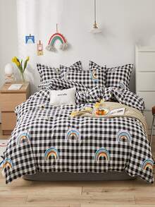 Buffalo Plaid & Rainbow Print Duvet Cover Set Without Filler - Multicolor - View 1