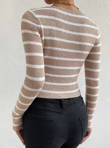 Chiquease Striped Pattern Notched Neck Crop Jumper - Khaki - View 2