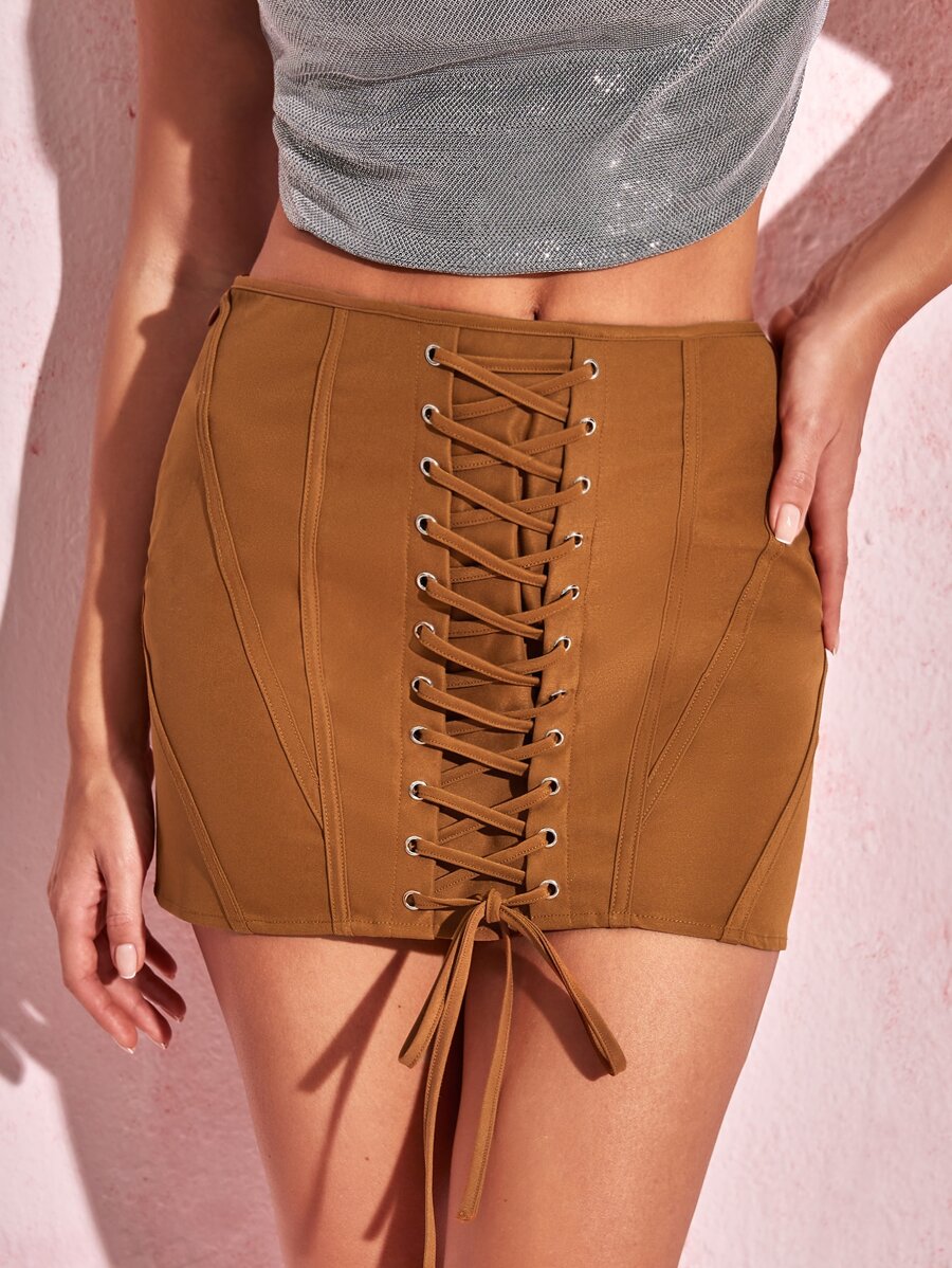 SHEIN BAE Váy nữ Ren lên Dây kéo Thùa khuyết màu trơn Gợi cảm - màu nâu - Xem 1