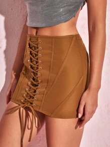 SHEIN BAE Váy nữ Ren lên Dây kéo Thùa khuyết màu trơn Gợi cảm - màu nâu - Xem 5