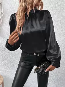 SHEIN Clasi Mock Neck Lantern Sleeve Satin Blouse - Black - View 1