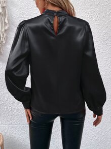 SHEIN Clasi Mock Neck Lantern Sleeve Satin Blouse - Black - View 2