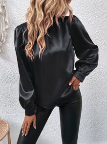 SHEIN Clasi Mock Neck Lantern Sleeve Satin Blouse - Black - View 4