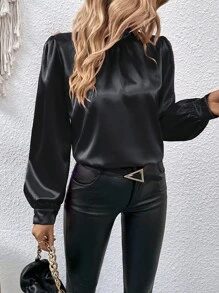SHEIN Clasi Mock Neck Lantern Sleeve Satin Blouse - Black - View 5