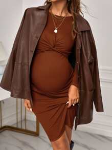 SHEIN Maternidad Vestido ajustado tejido de canalé girante delantero - Marrón - Ver 5