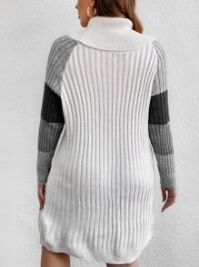 Plus Colour Block Turtleneck Raglan Sleeve Jumper Dress Without Belt - White - View 2