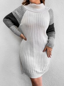 Plus Colour Block Turtleneck Raglan Sleeve Jumper Dress Without Belt - White - View 4