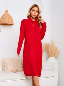 Ladies áo len váy màu trơn Giải trí - Đỏ - Xem 3