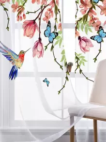 Bird & Floral Print Single Panel Sheer Curtain - Multicolor - View 4