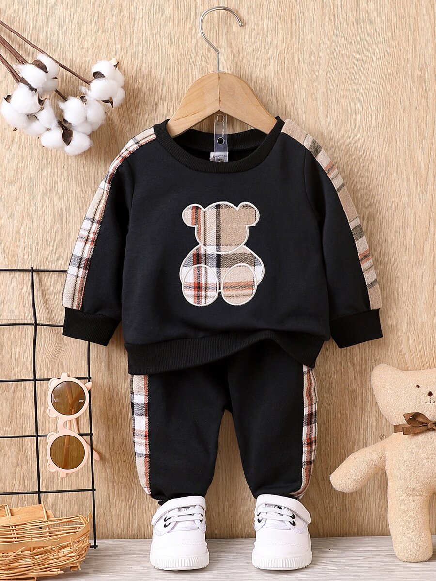 男婴熊刺绣对比格子侧缝运动衫和运动裤，适合圣诞节 - 黑色 - 查看 1