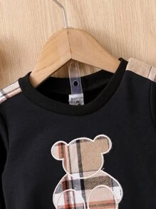 男婴熊刺绣对比格子侧缝运动衫和运动裤，适合圣诞节 - 黑色 - 查看 4