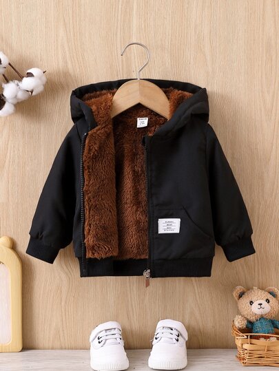 SHEIN Baby Boy Letter Patched Detail Teddy Lined Zipper Hooded Jacket