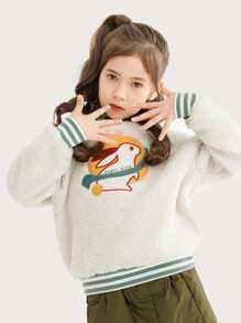 Chicas Pullover teddy con letra & con estampado de conejo de hombros caídos con forro térmico - Blanco - Ver 7